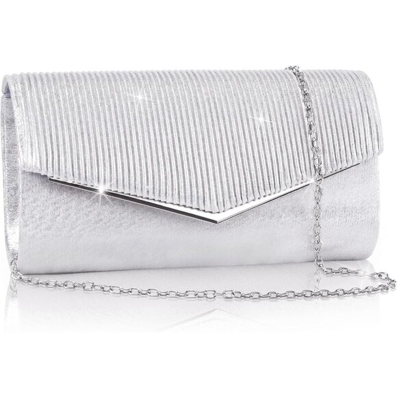 🆕Women’s Silver Bling Envelope Evening Bag w/Chain Polyester Formal Handbag - Picture 1 of 7